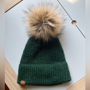 Lake Side Knits Forest Green Knitted Hat / Tuque with Faux Fur Pom - Adult Size